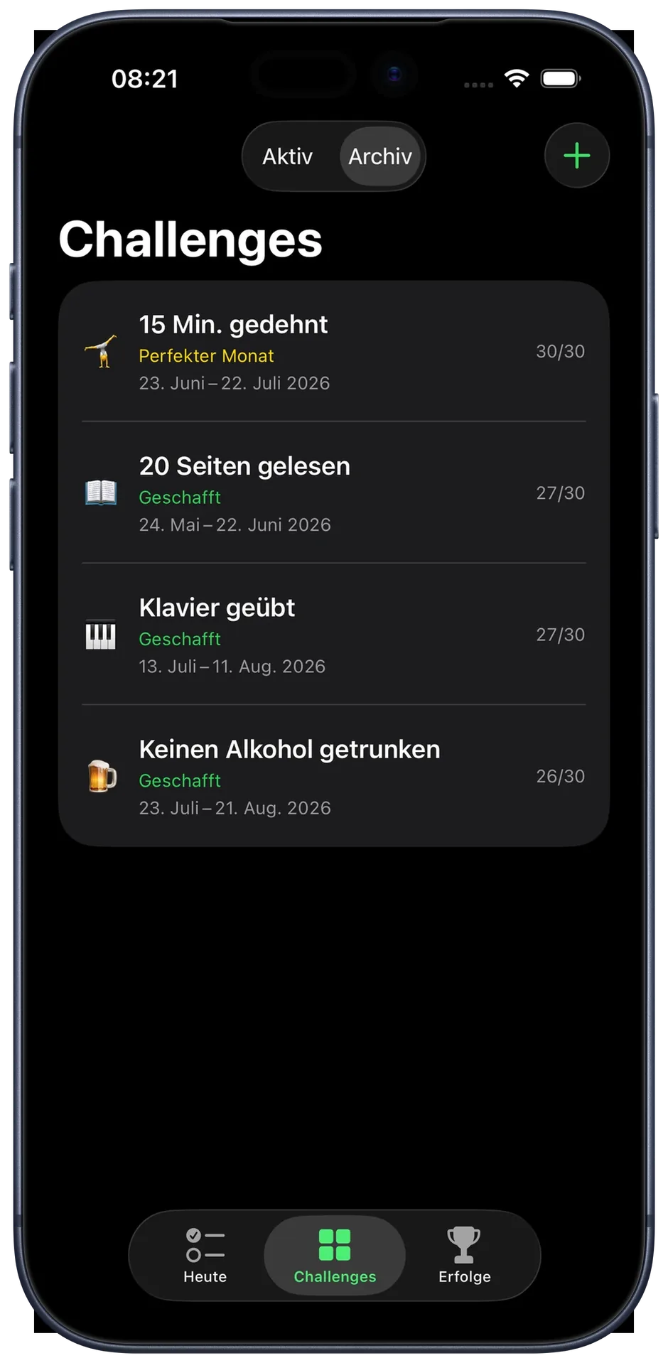 Archiv-Ansicht: abgeschlossene Challenges mit Endstatus und Zeitraum