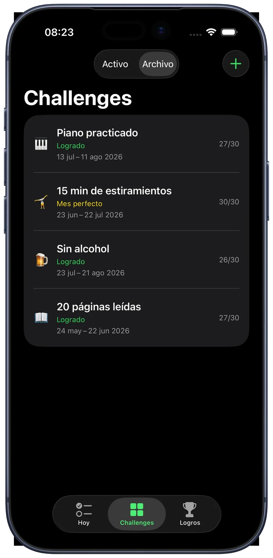 Vista de archivo: challenges finalizados con estado final y periodo