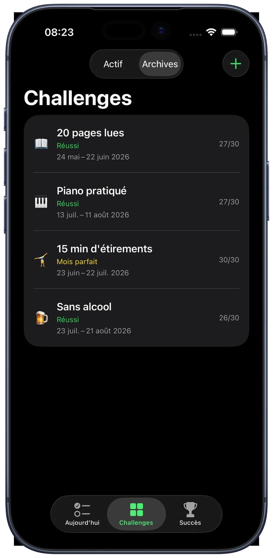 Vue des archives : challenges terminés avec statut final et période