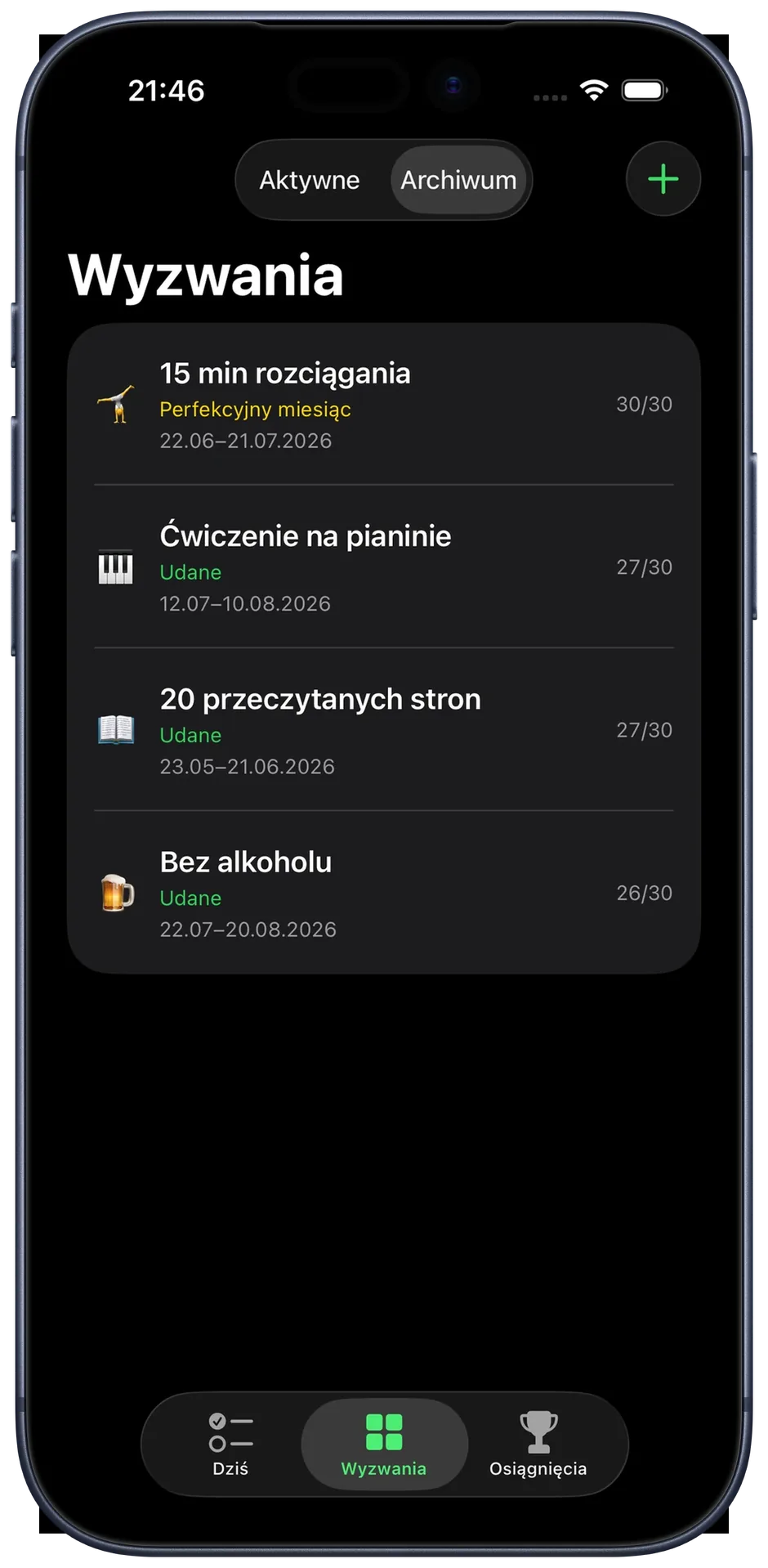Widok archiwum: zakończone challenge’e z końcowym wynikiem i okresem