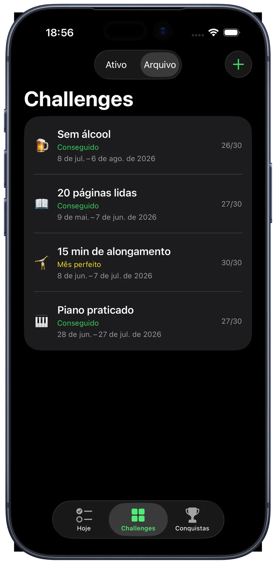 Vista de arquivo: challenges concluídos com estado final e período