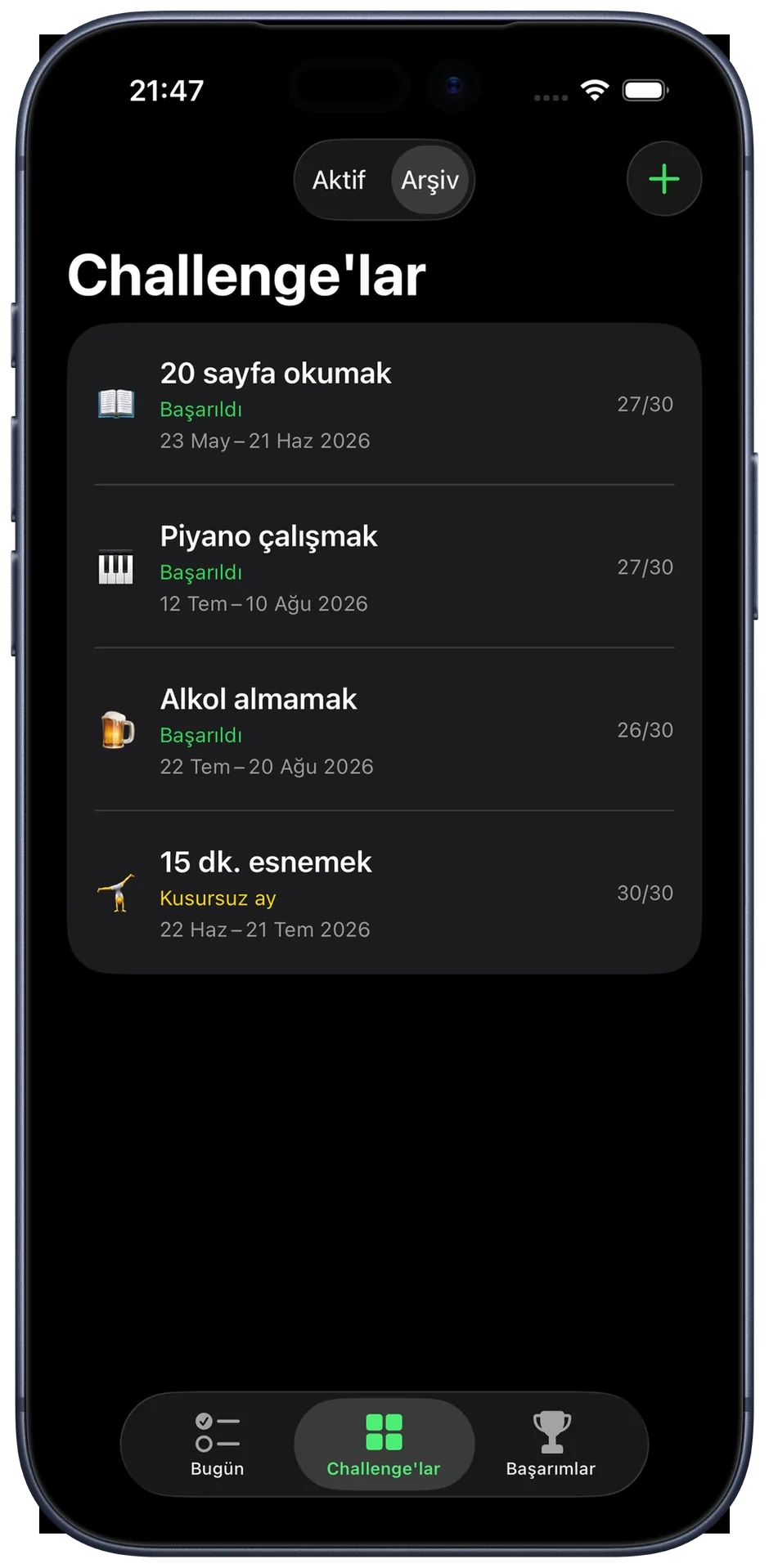 Arşiv görünümü: bitmiş challenge’lar, son durumları ve süreleriyle