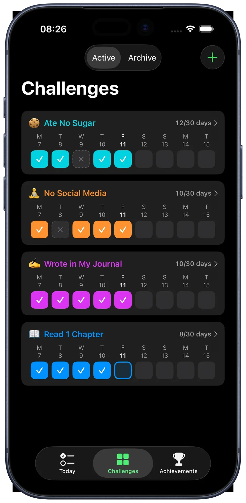 Challenges view: monthly grid progress for all active challenges