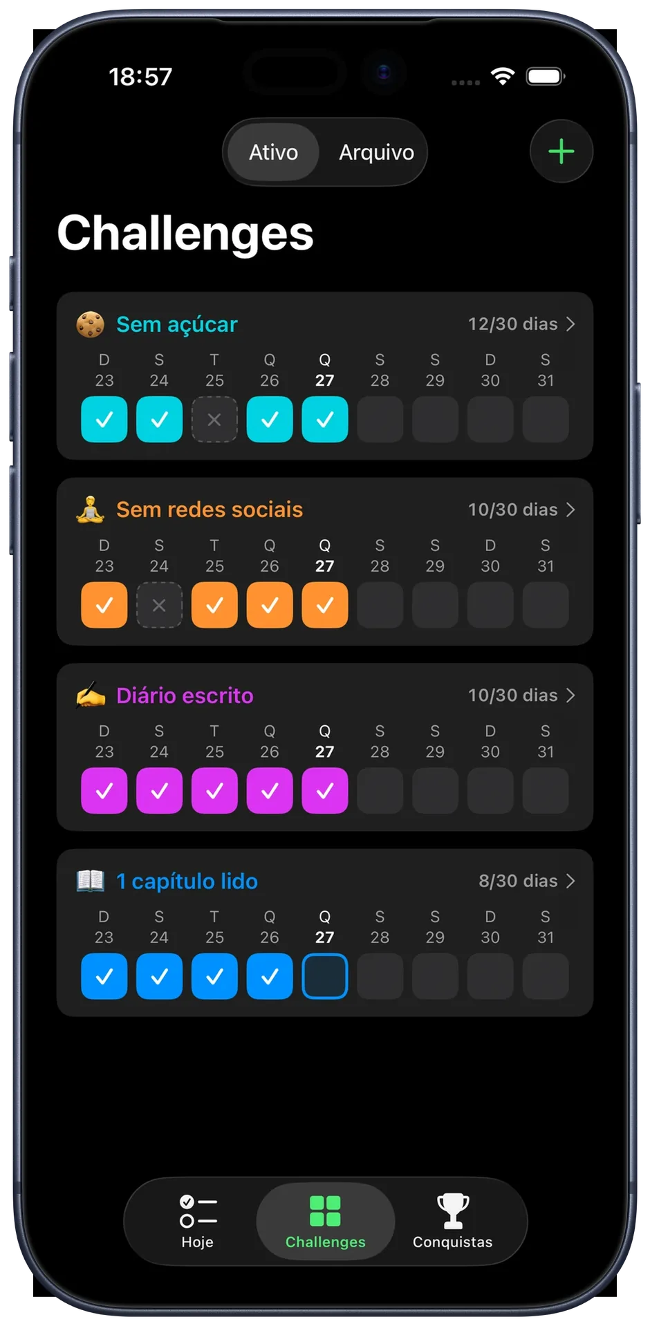 Vista de challenges: progresso de todos os challenges ativos numa grelha mensal