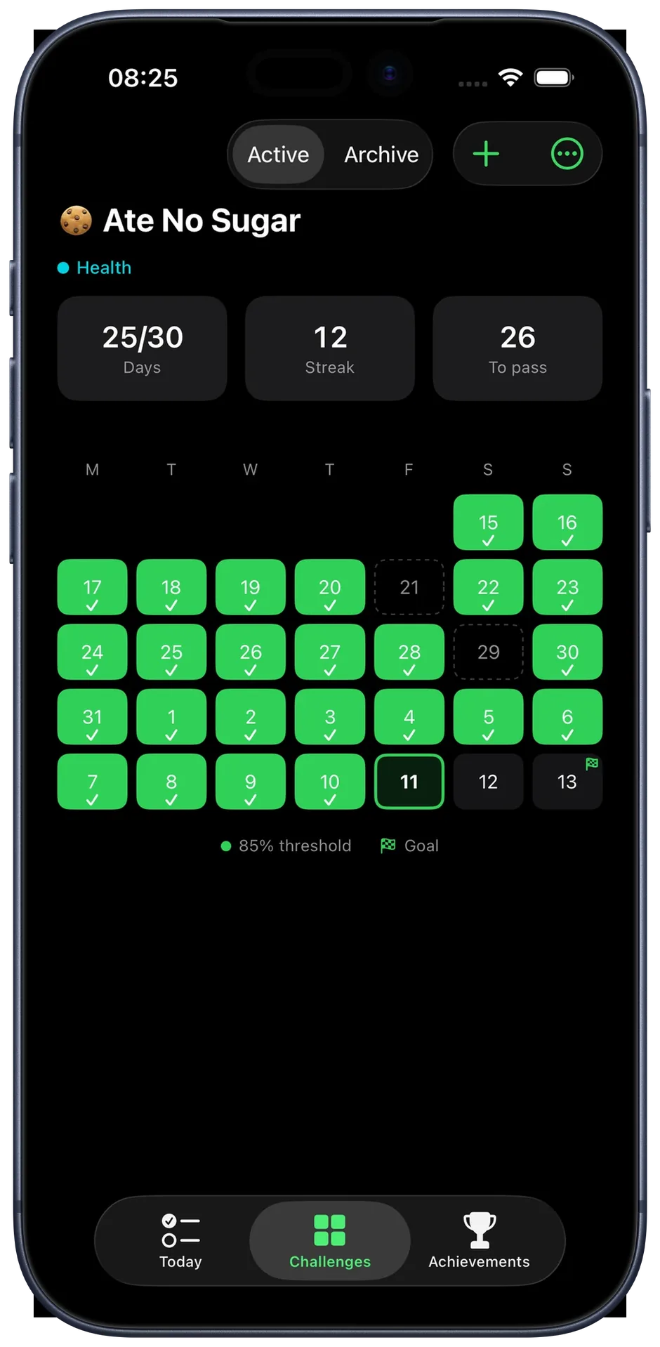 Calendar view for a single challenge with day-by-day progress and streak count