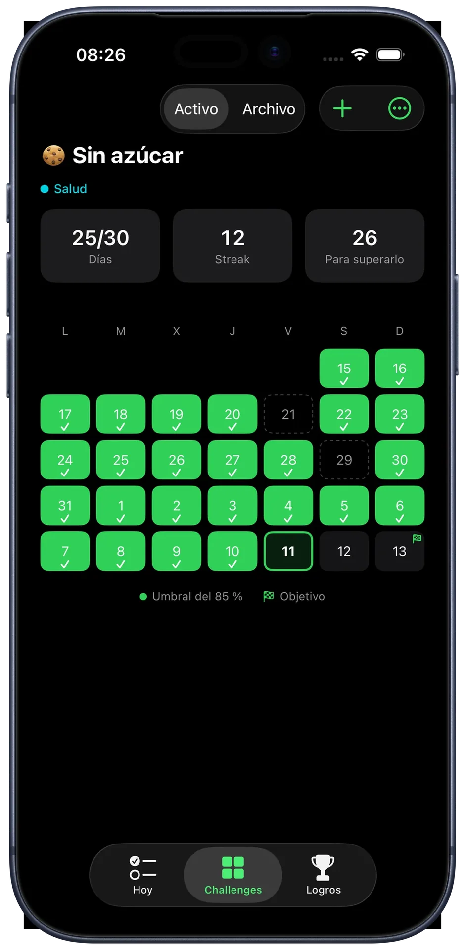 Vista de calendario de un challenge con el progreso diario y el contador de streak