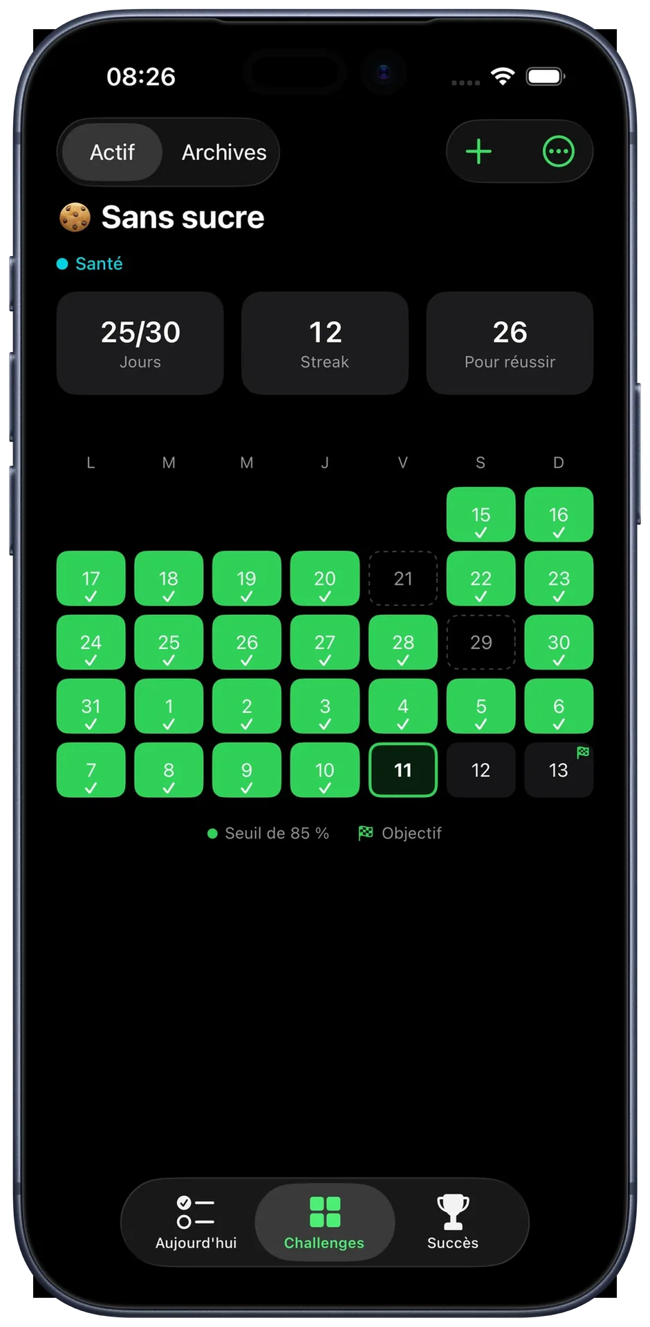 Vue calendrier d'un challenge avec la progression jour par jour et le compteur de streak