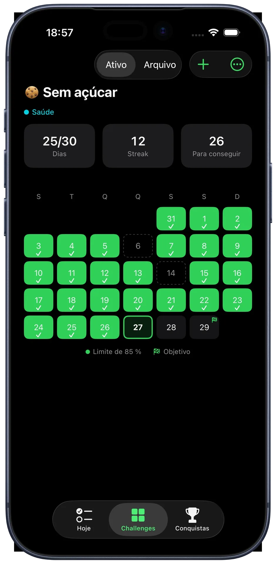 Vista de calendário de um único challenge com progresso diário e contador de Streak