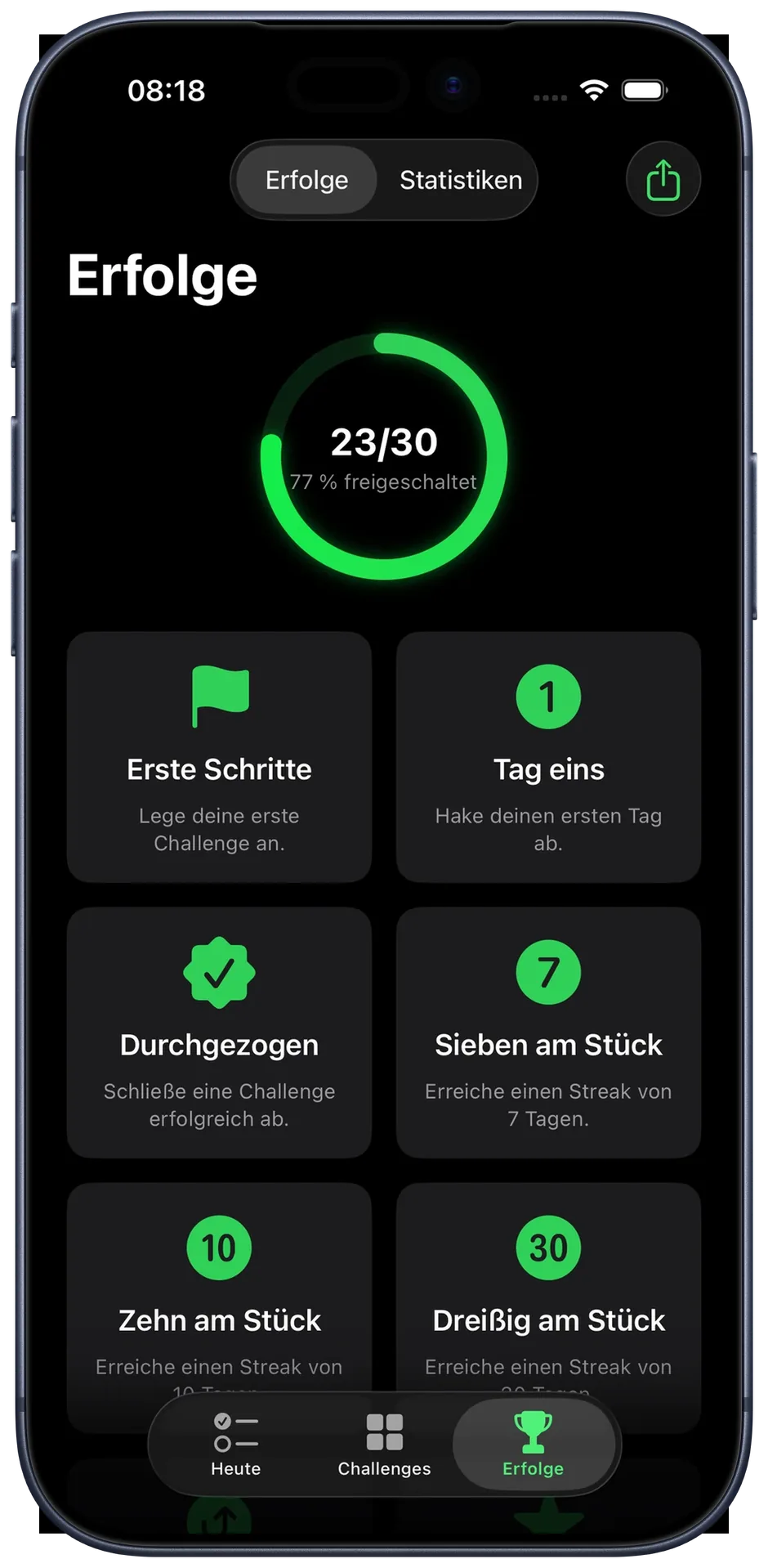 Erfolge-Ansicht: freigeschaltete Achievements und Fortschrittsring