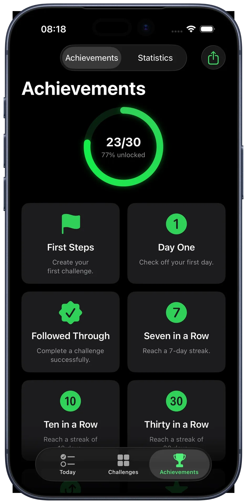 Achievements view: unlocked badges and progress ring
