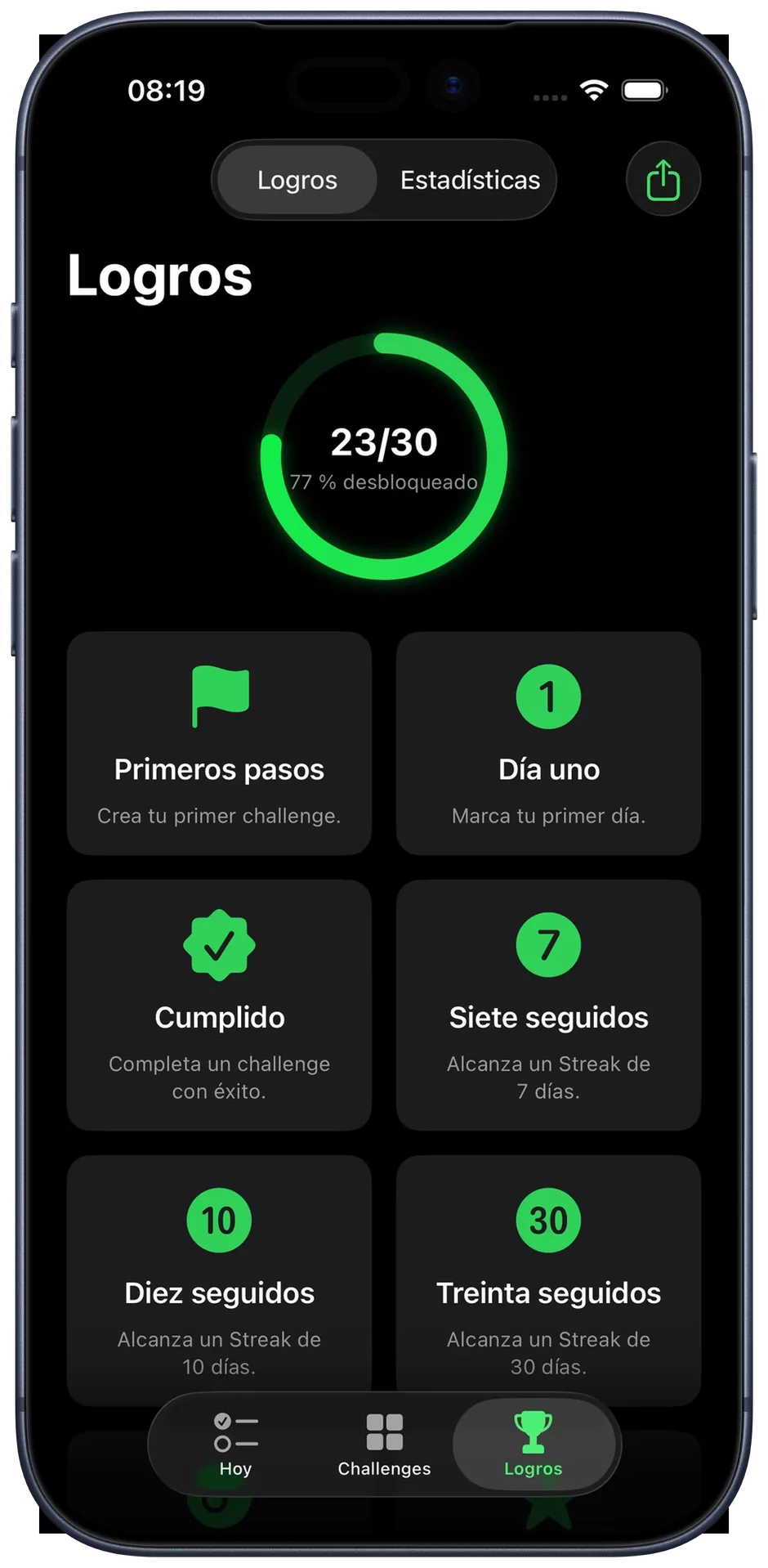 Vista de logros: insignias desbloqueadas y anillo de progreso