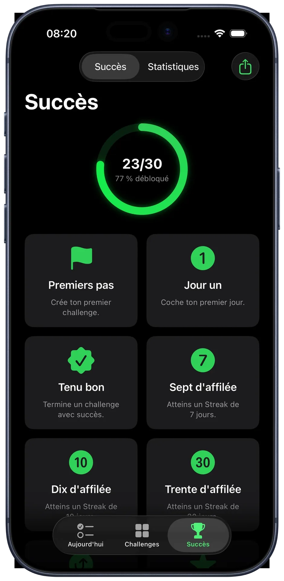 Vue des succès : badges débloqués et anneau de progression