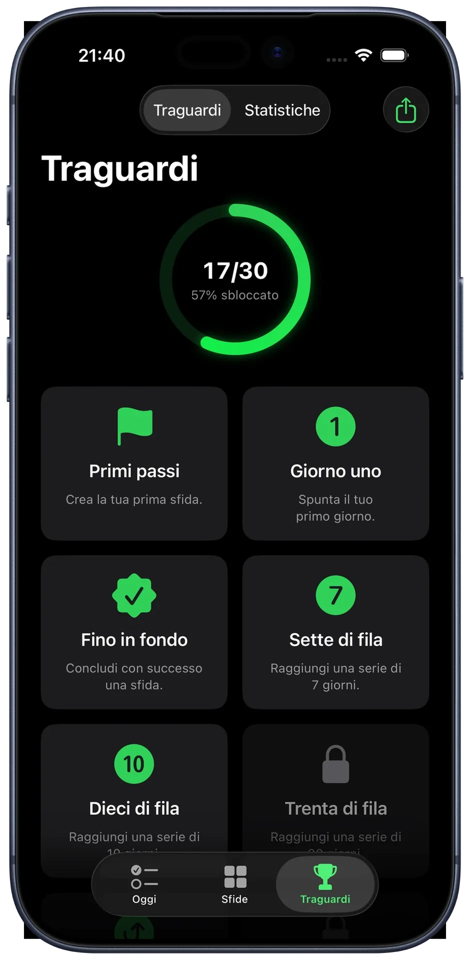 Vista obiettivi: riconoscimenti sbloccati e anello di progresso