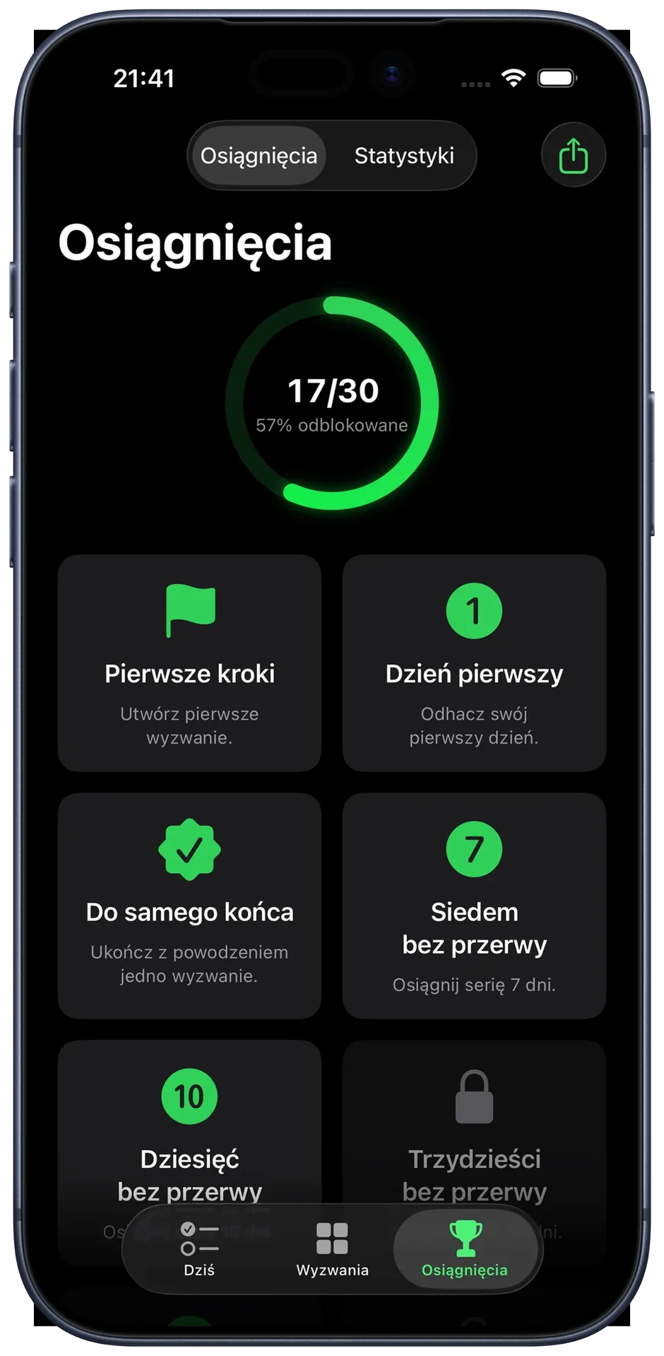 Widok osiągnięć: odblokowane odznaki i pierścień postępu