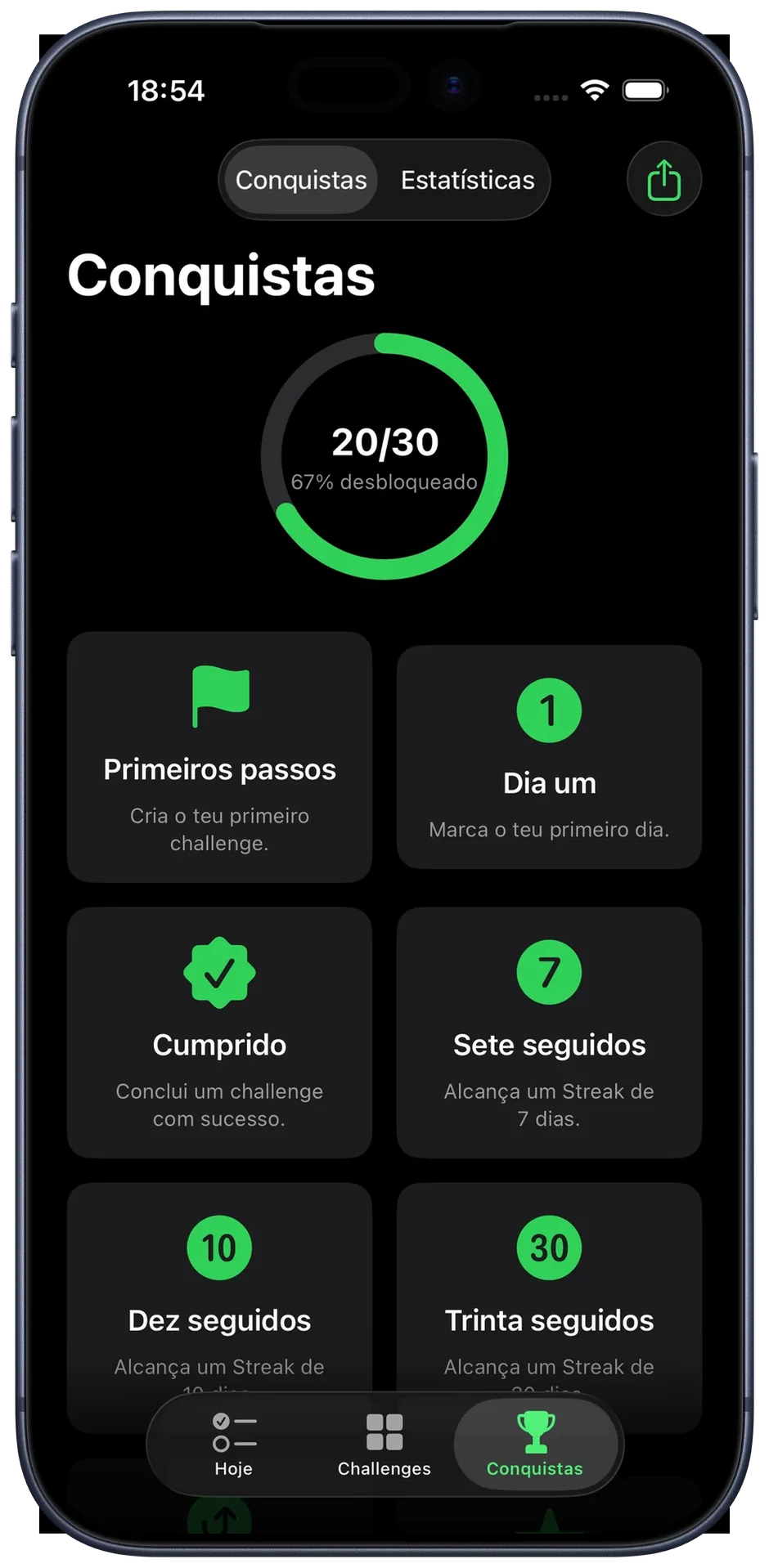 Vista de conquistas: conquistas desbloqueadas e anel de progresso