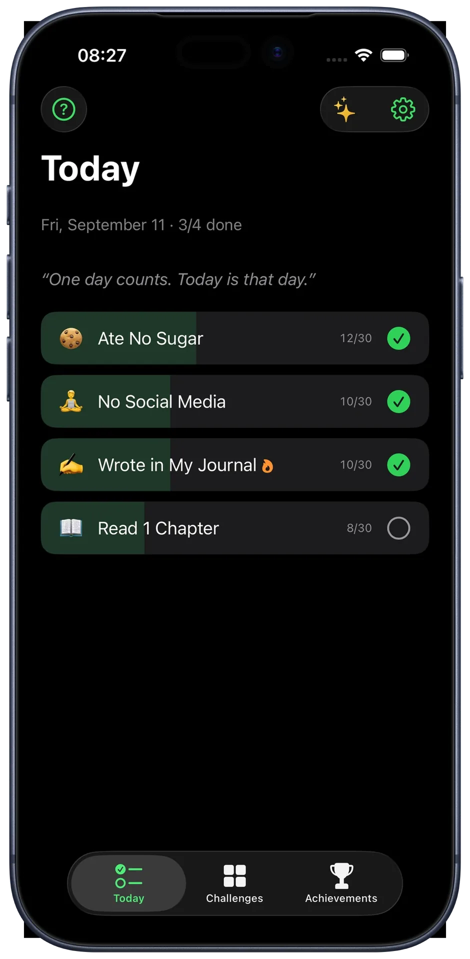Today view of 12 Challenges in dark mode: four challenges, three of them checked off
