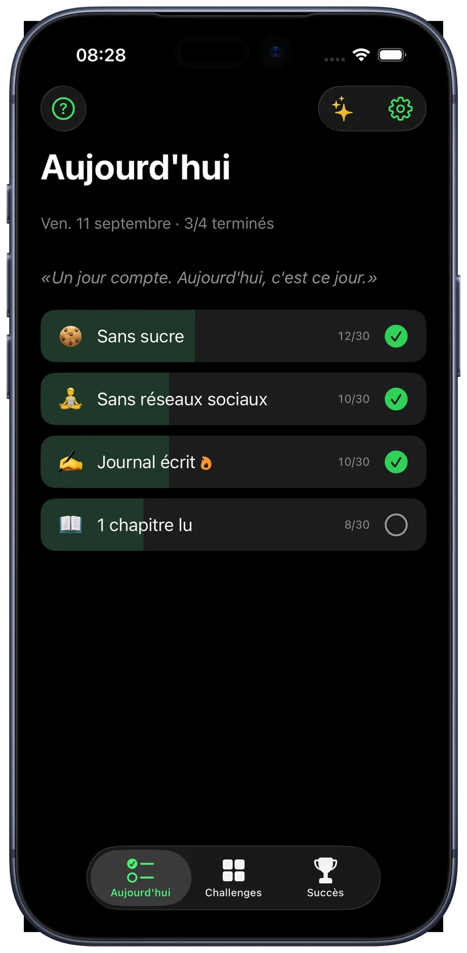Vue Aujourd'hui de 12 Challenges en mode sombre : quatre challenges, dont trois déjà cochés