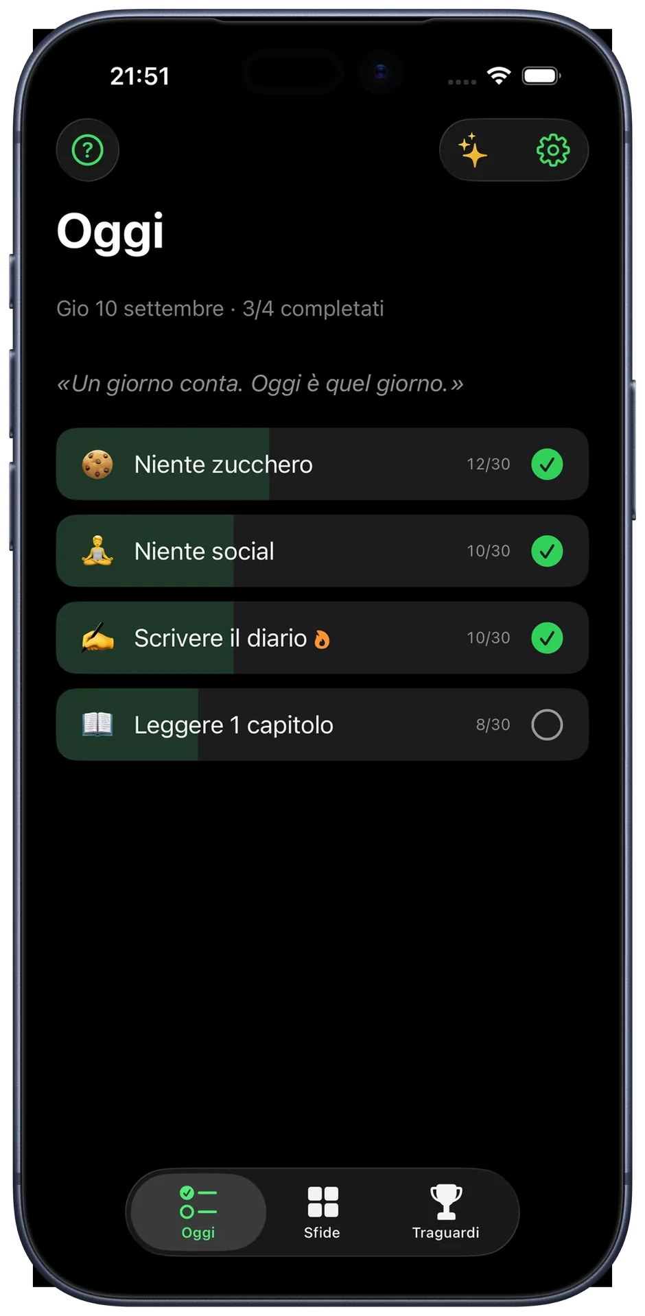 Vista Oggi di 12 Challenges in modalità scura: quattro challenge, tre già completate