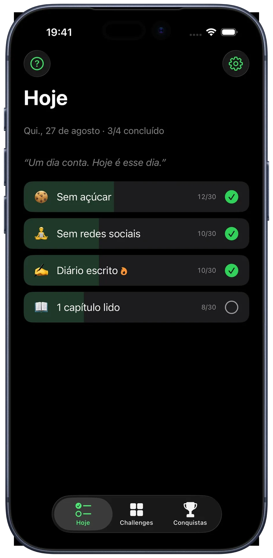 Vista Hoje do 12 Challenges em modo escuro: quatro challenges, três já concluídos