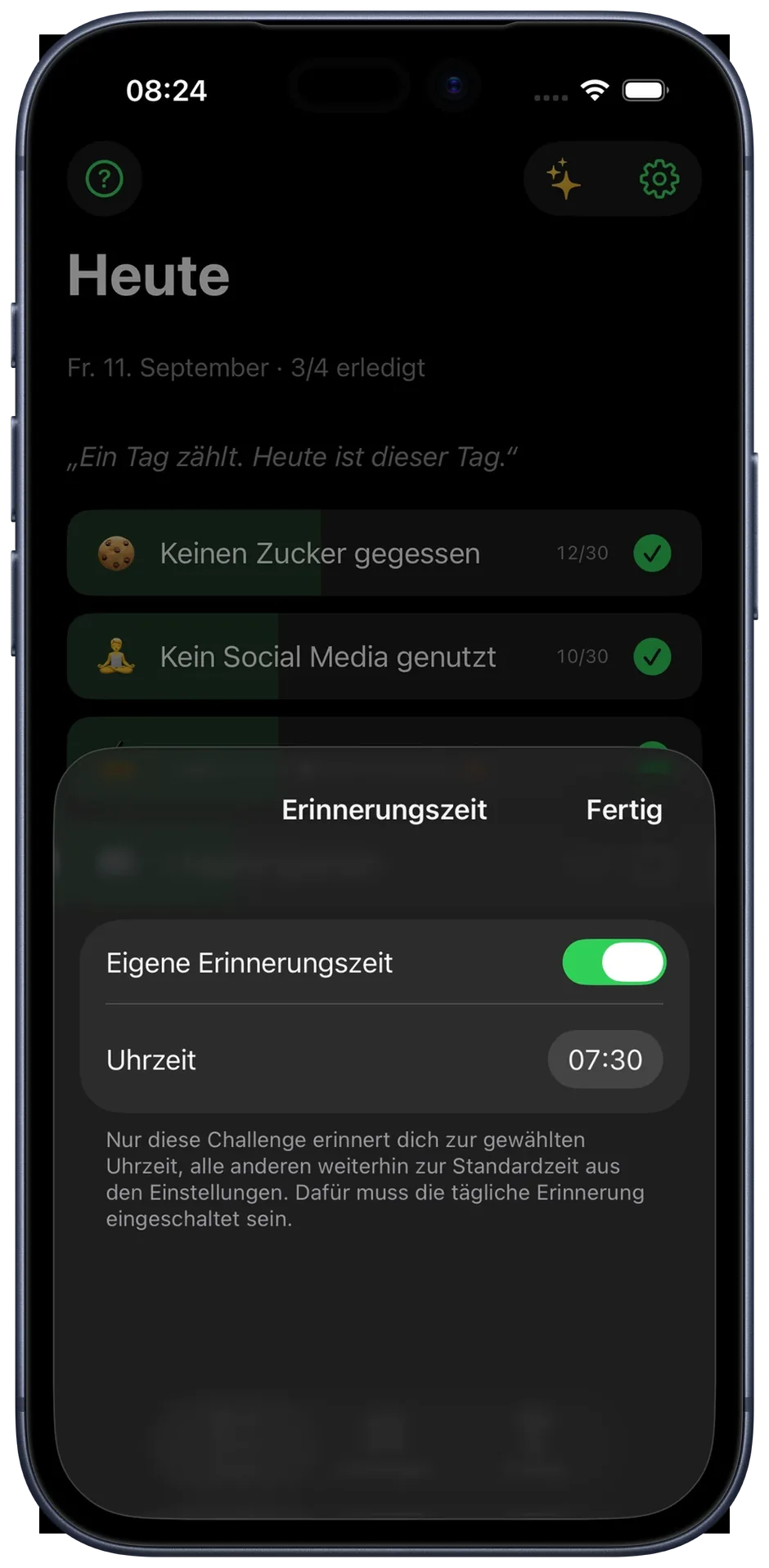 Erinnerungszeit-Sheet: eigene Uhrzeit für eine einzelne Challenge eingestellt