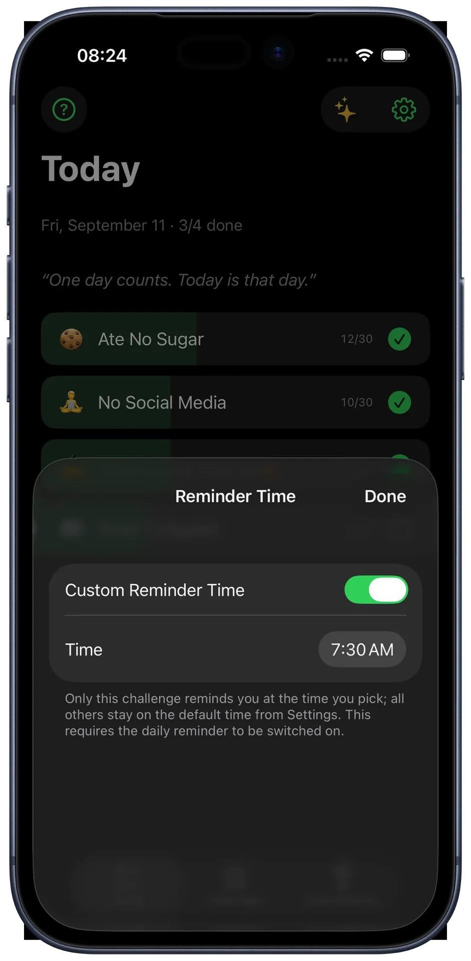 Reminder time sheet: custom notification time set for a single challenge