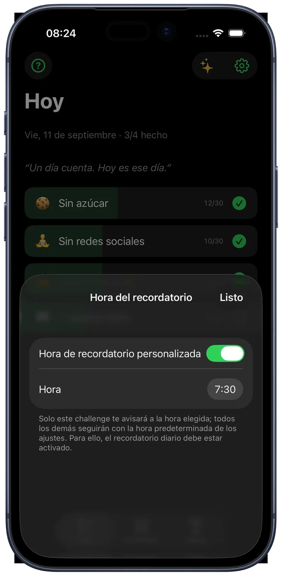 Panel de hora de recordatorio: hora personalizada para un challenge concreto
