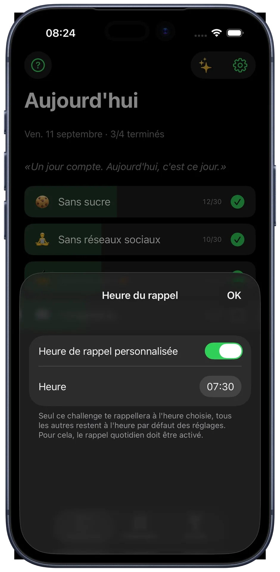 Panneau d'heure de rappel : heure personnalisée définie pour un challenge
