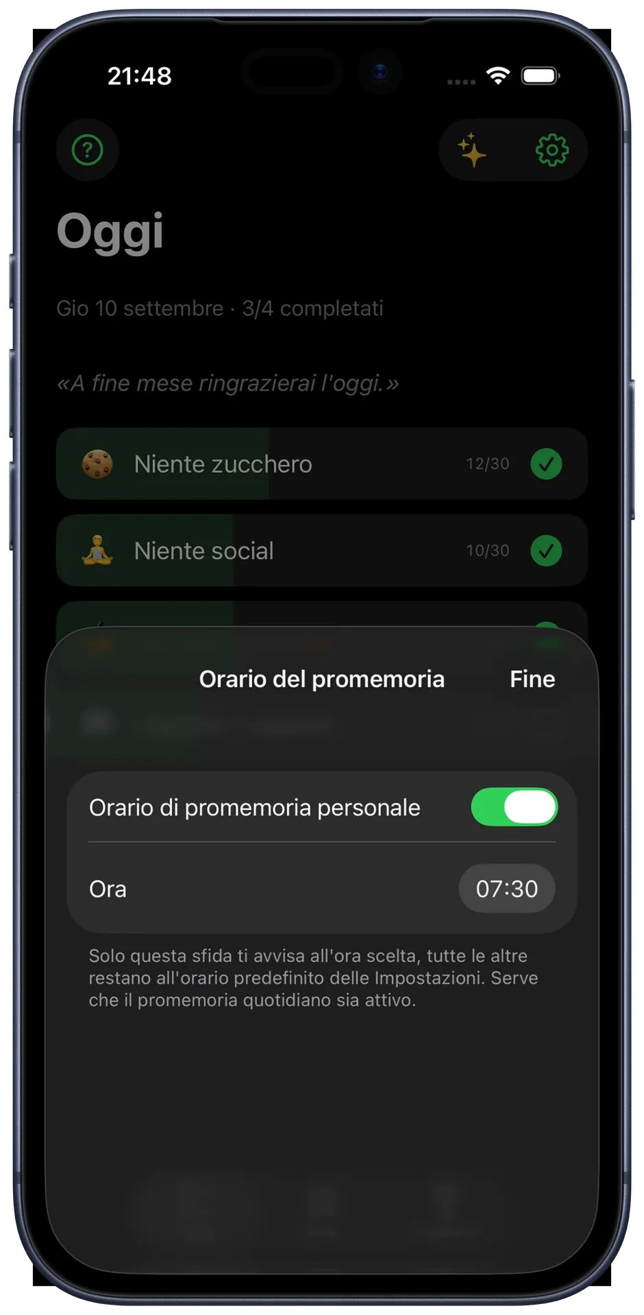 Pannello dell’orario di promemoria: orario personalizzato per una singola challenge