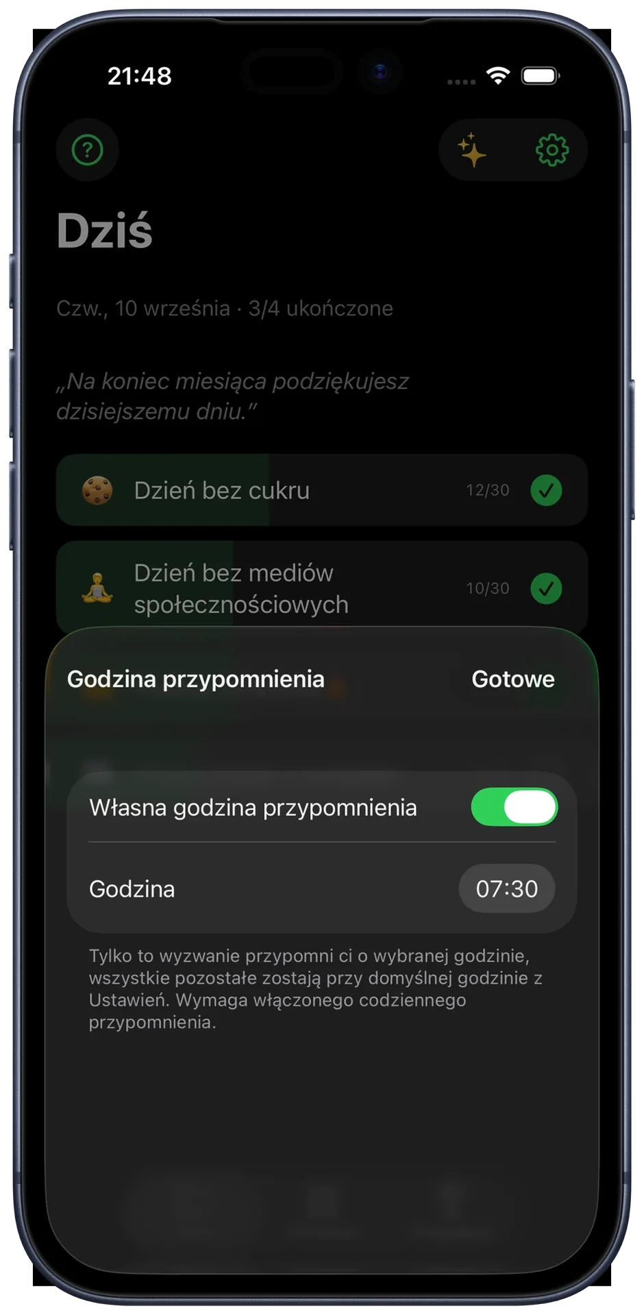 Panel godziny przypomnienia: własna godzina dla pojedynczego challenge’u