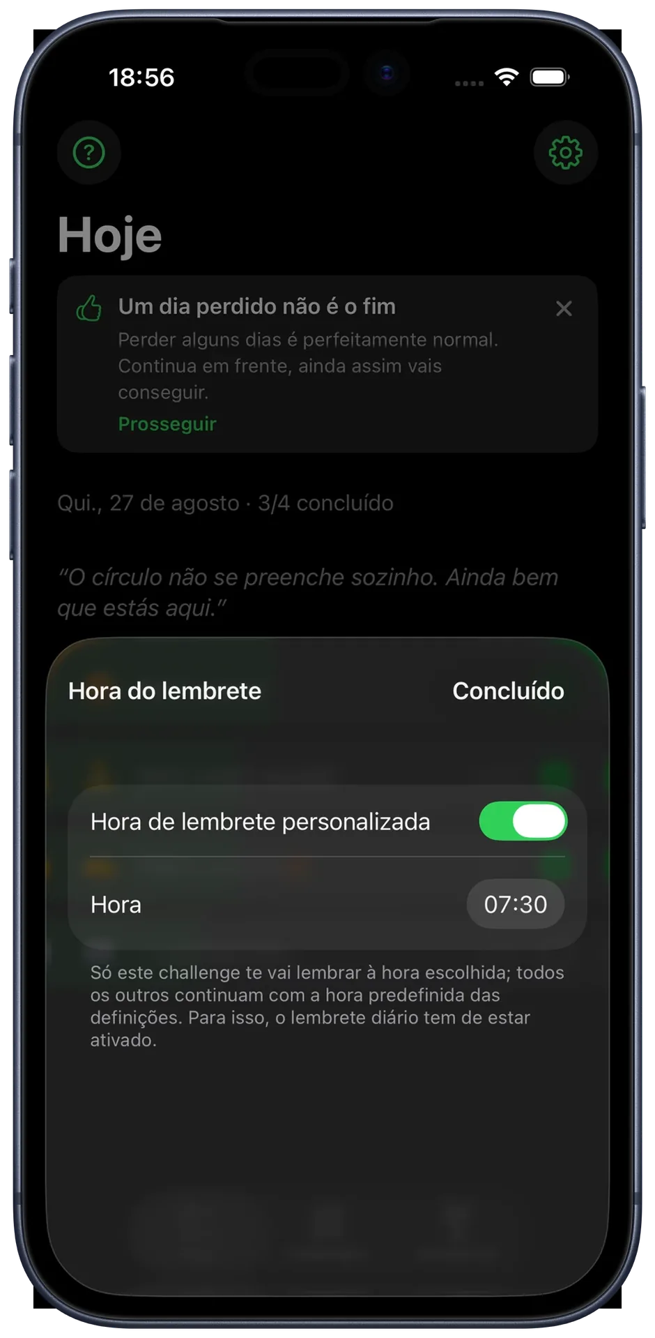 Painel de hora de lembrete: hora personalizada definida para um único challenge