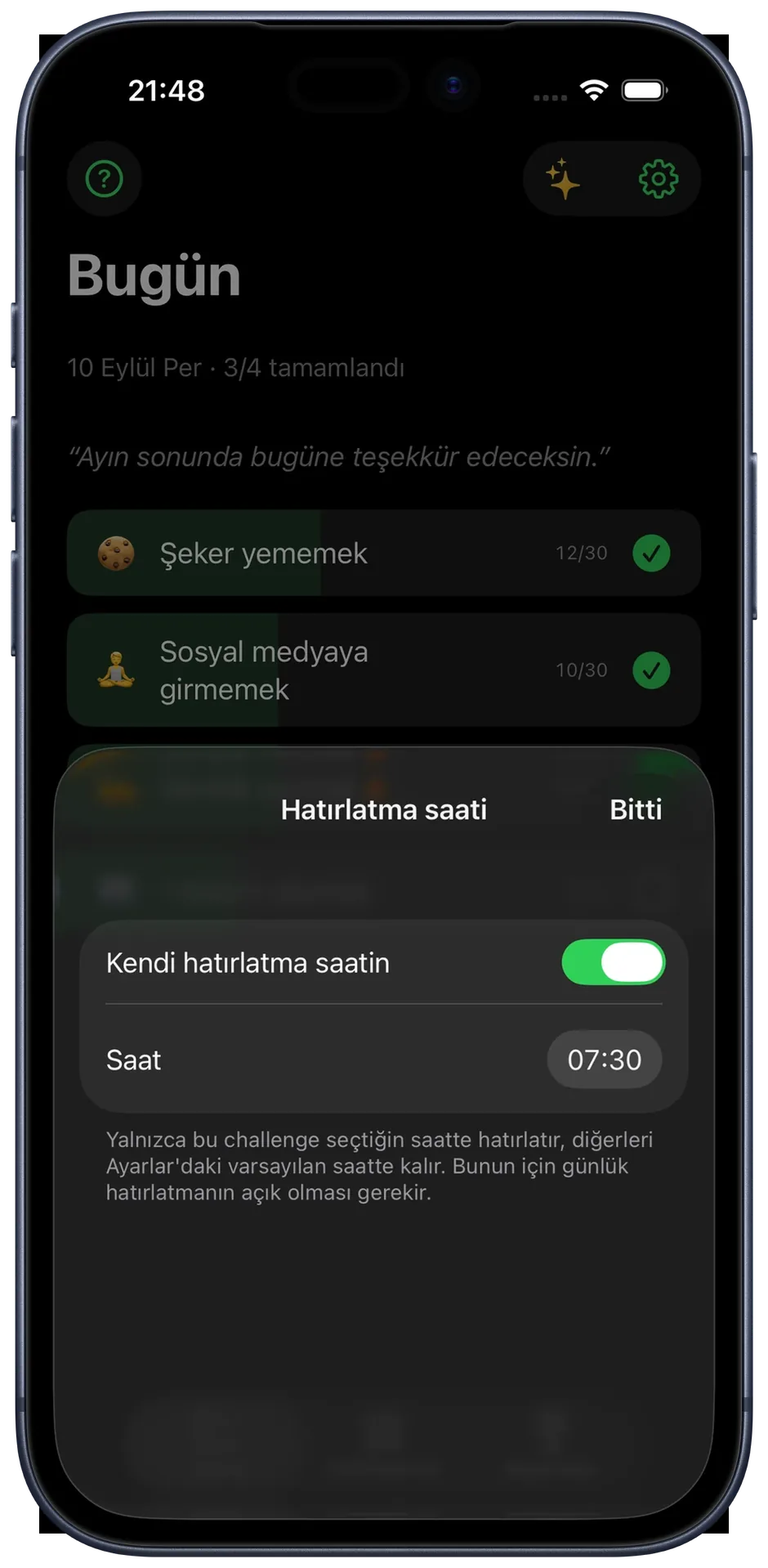 Hatırlatma saati paneli: tek bir challenge için kendi saatin