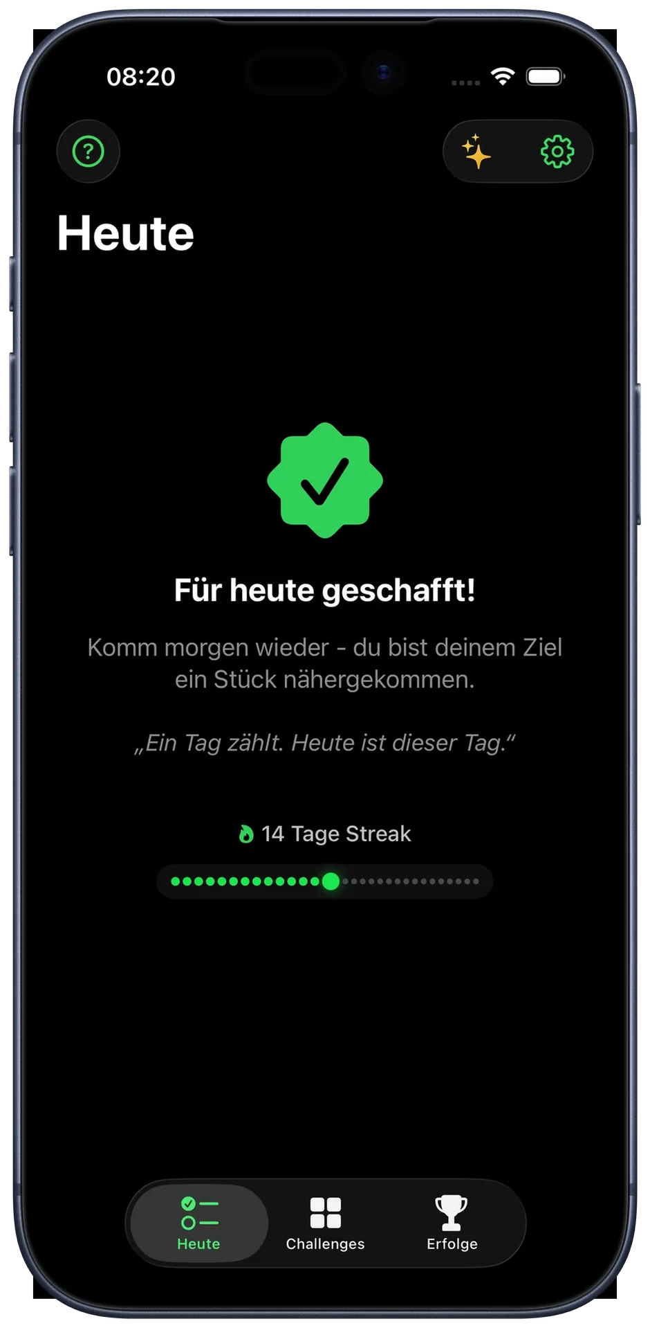 Streak-Ansicht: eine Reihe aus Punkten füllt sich, 14 Tage am Stück