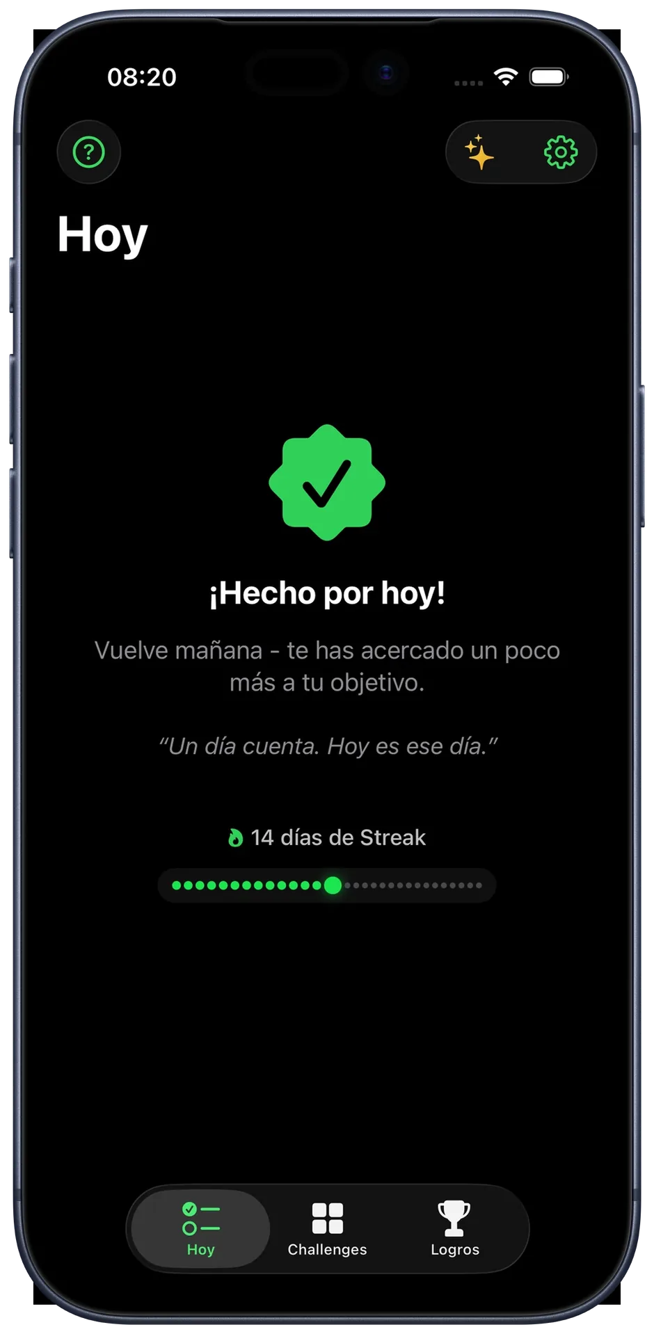 Vista de streak: una fila de puntos que se va llenando, 14 días seguidos