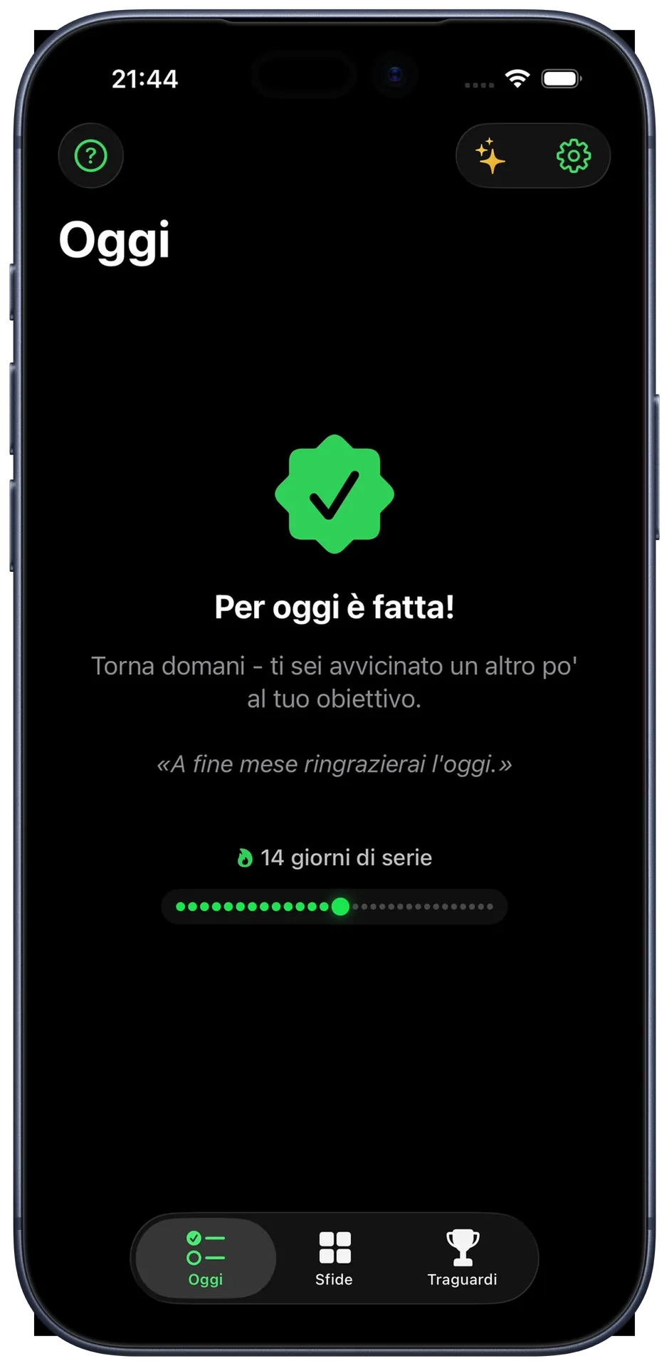 Vista catena: una fila di punti che si riempie, 14 giorni di fila