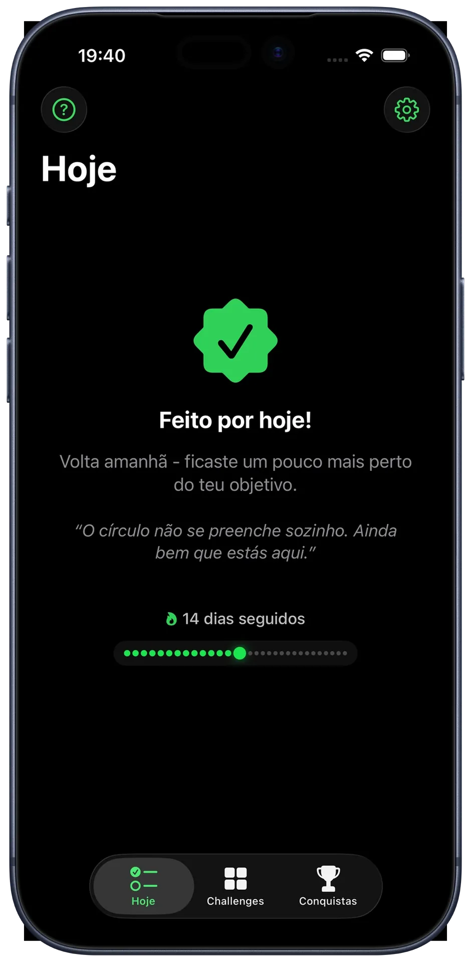 Vista de Streak: uma fila de pontos que se vai preenchendo, 14 dias seguidos