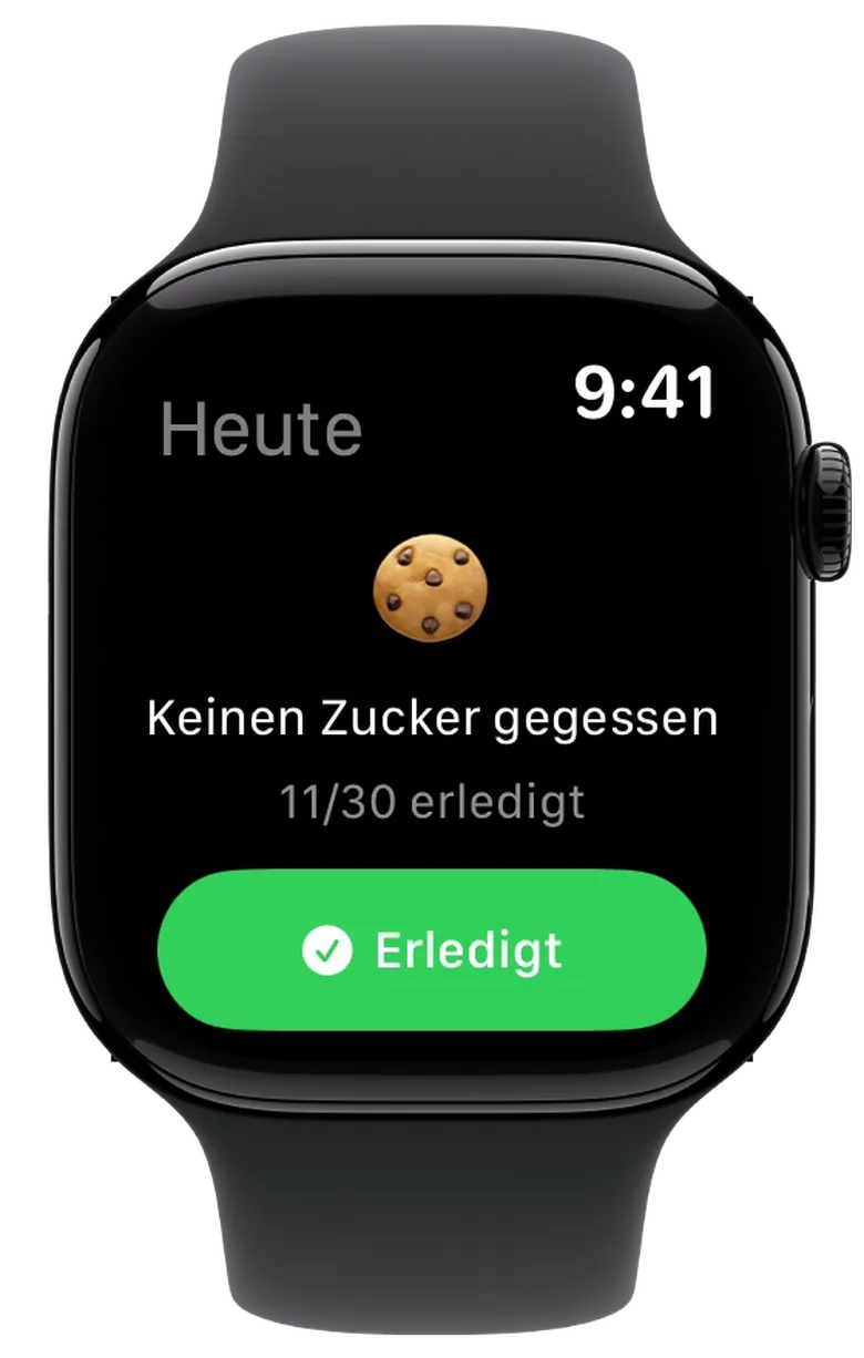 Dieselbe Challenge auf der Apple Watch, darunter die grüne Schaltfläche zum Abhaken