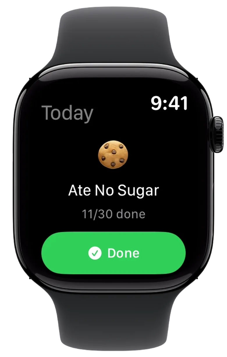 The same challenge on the Apple Watch, with the green button to check it off