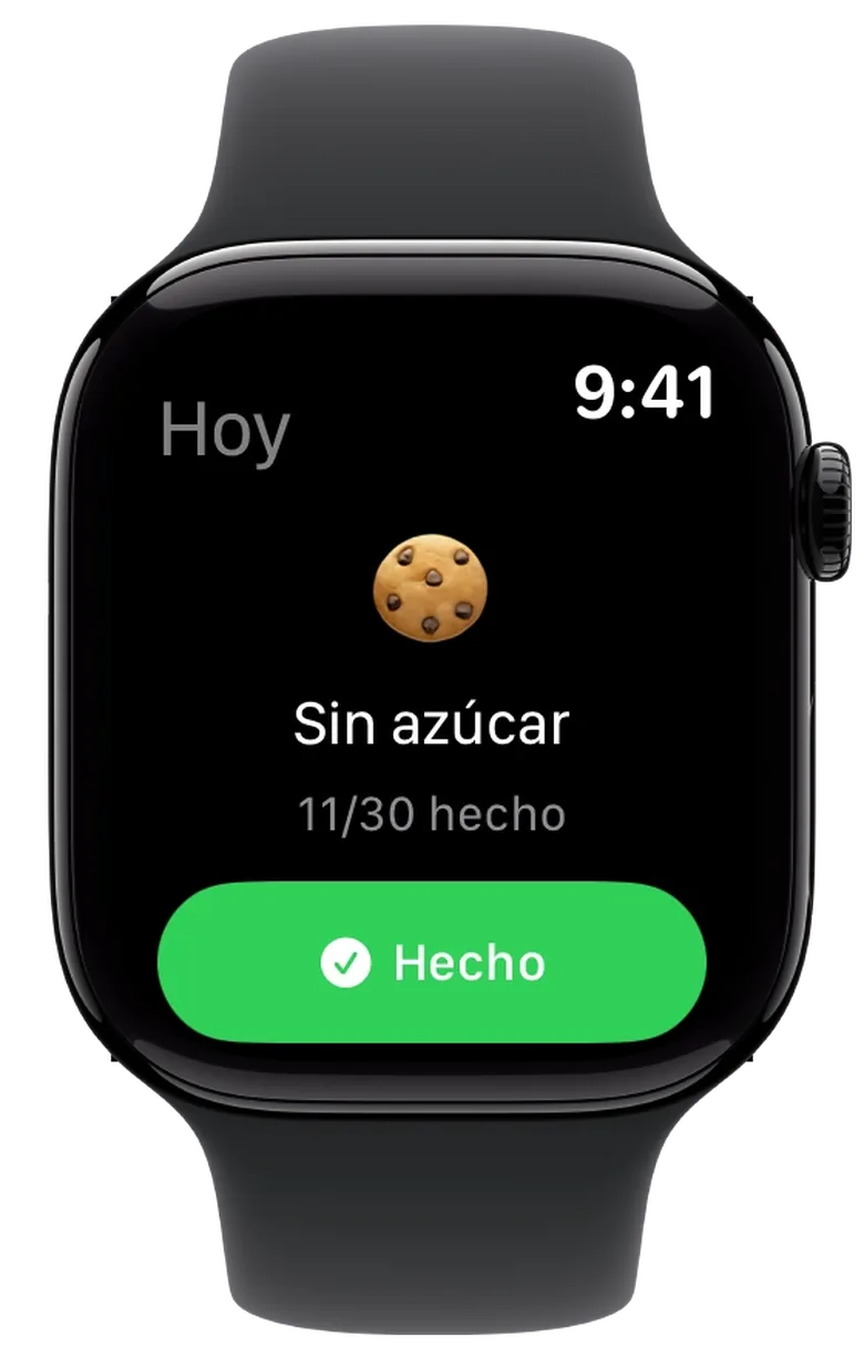 La misma challenge en el Apple Watch, con el botón verde para marcarla