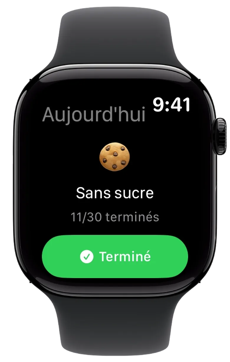La même challenge sur l'Apple Watch, avec le bouton vert pour la cocher