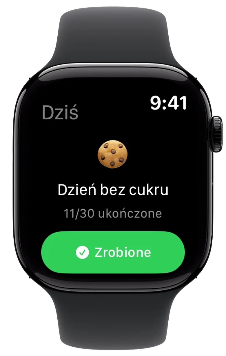 Ten sam challenge na Apple Watch, z zielonym przyciskiem do odhaczenia