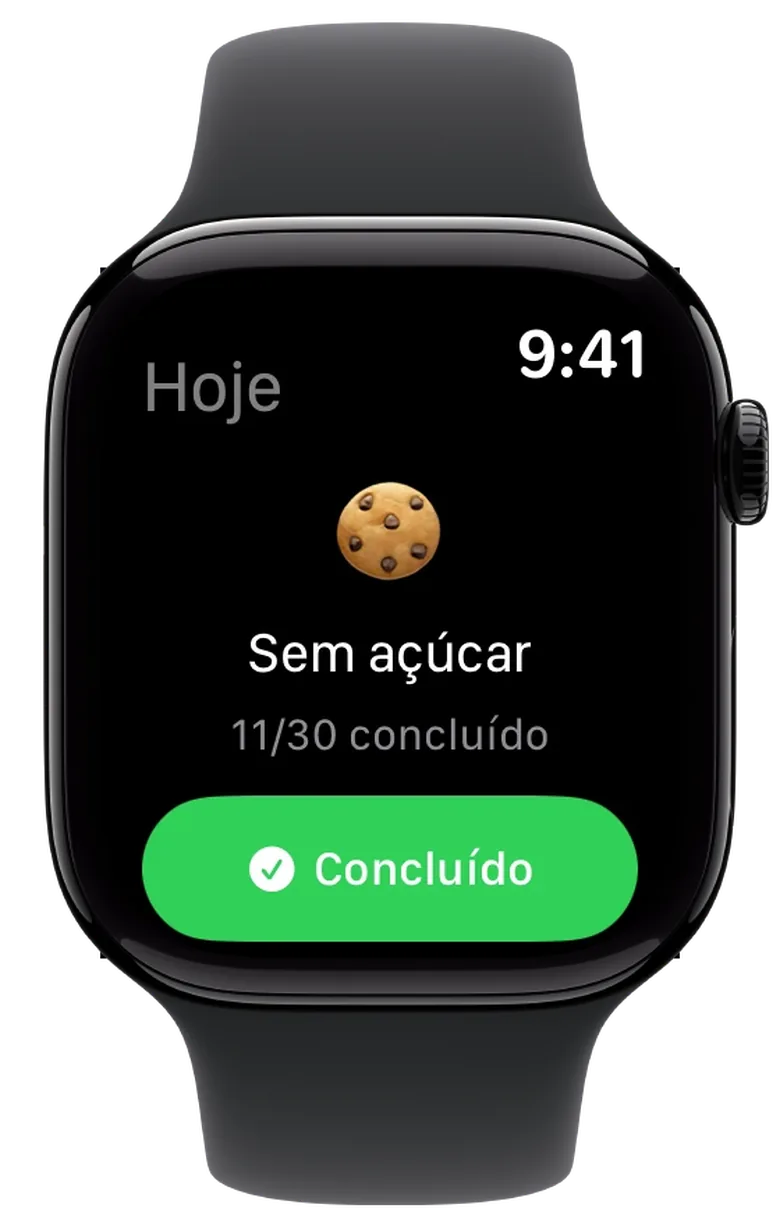A mesma challenge no Apple Watch, com o botão verde para a marcar