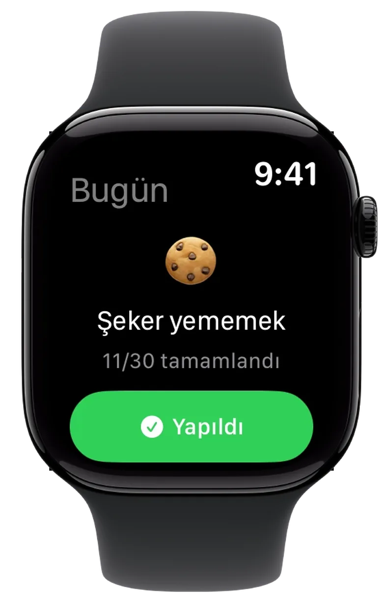 Aynı challenge Apple Watch’ta, işaretlemek için yeşil düğmeyle