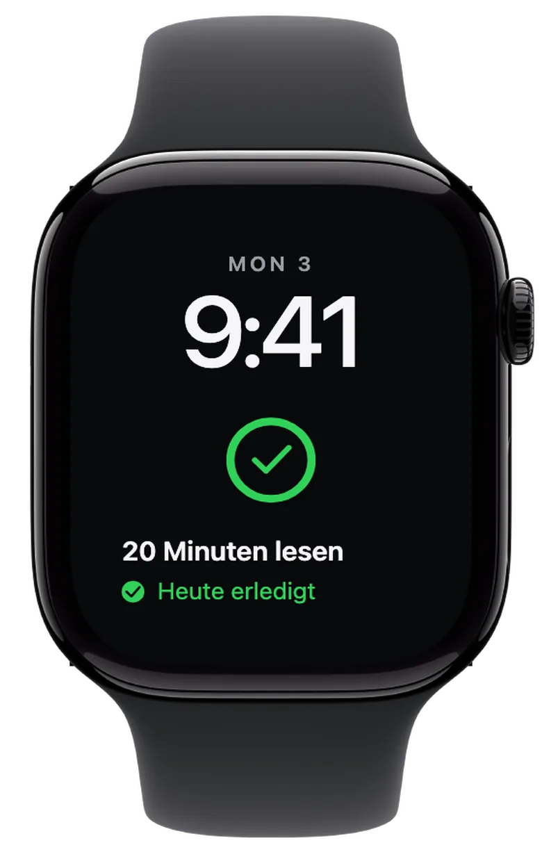 Komplikationen für die Apple Watch: Für heute geschafft. Sind alle drei Ziele abgehakt, ist der Ring vollständig grün. Der Haken und die Anzeige „Heute erledigt“ bestätigen, dass für heute alles geschafft ist.