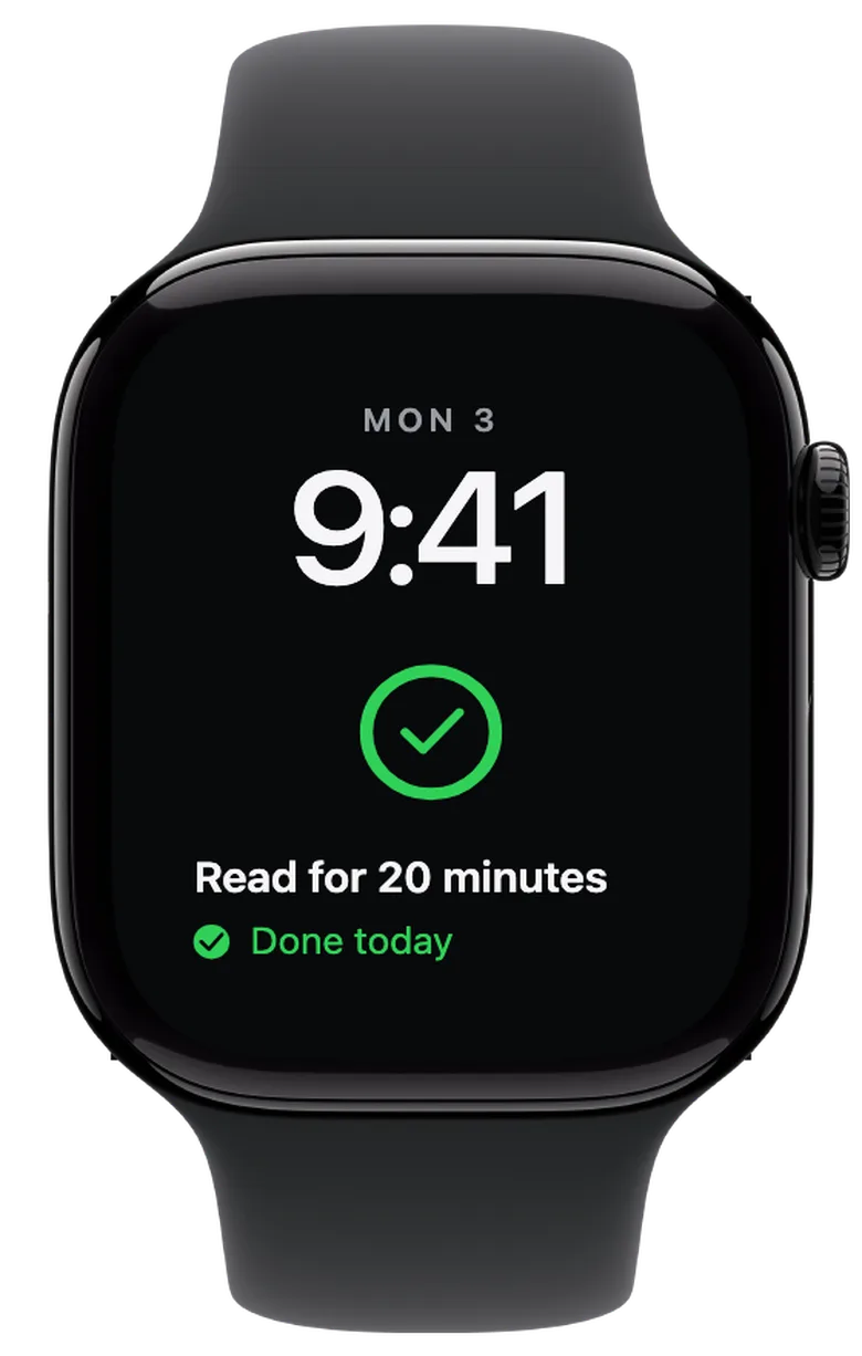 Apple Watch complications: Done for today. When all three goals are checked off, the ring is fully green. The checkmark and “Done today” message show that you have finished for today.