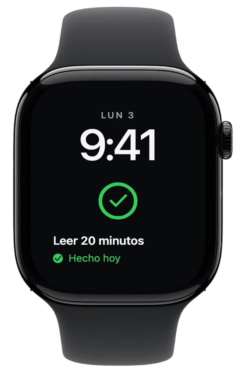 Complicaciones para el Apple Watch: Hecho por hoy. Cuando marcas los tres objetivos, el anillo se vuelve completamente verde. La marca de verificación y «Hecho hoy» indican que has terminado por hoy.