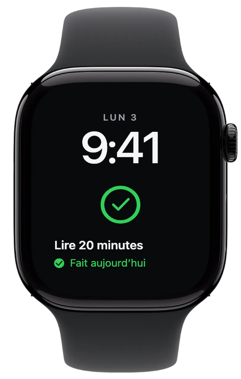 Complications pour l’Apple Watch: C’est fait pour aujourd’hui. Lorsque les trois objectifs sont cochés, l’anneau est entièrement vert. La coche et le message « Fait aujourd’hui » confirment que tu as terminé pour aujourd’hui.