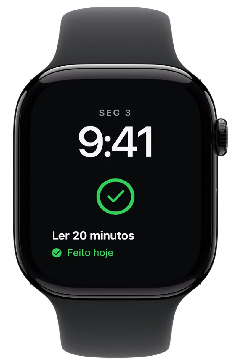 Complicações para o Apple Watch: Feito por hoje. Quando assinalas os três objetivos, o anel fica totalmente verde. A marca de conclusão e «Feito hoje» indicam que terminaste por hoje.