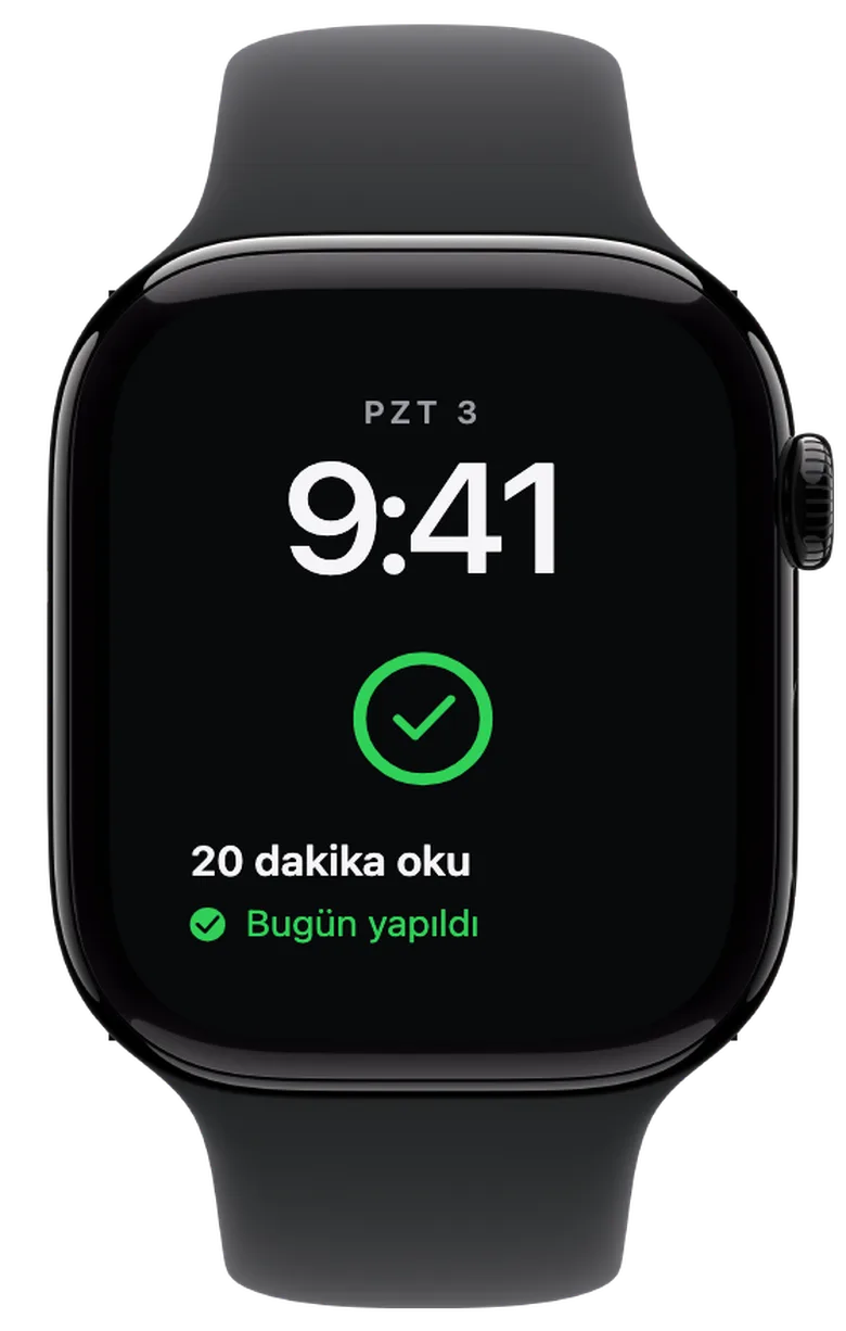 Apple Watch komplikasyonları: Bugünlük tamam. Üç hedefin de işaretlendiğinde halka tamamen yeşil olur. Onay işareti ve “Bugün yapıldı” yazısı bugünlük her şeyi tamamladığını gösterir.