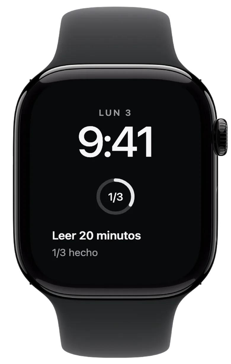 Complicaciones para el Apple Watch: Uno hecho, dos pendientes. Si tienes varios retos, el anillo muestra el progreso de hoy. En este ejemplo has marcado uno de tres objetivos.
