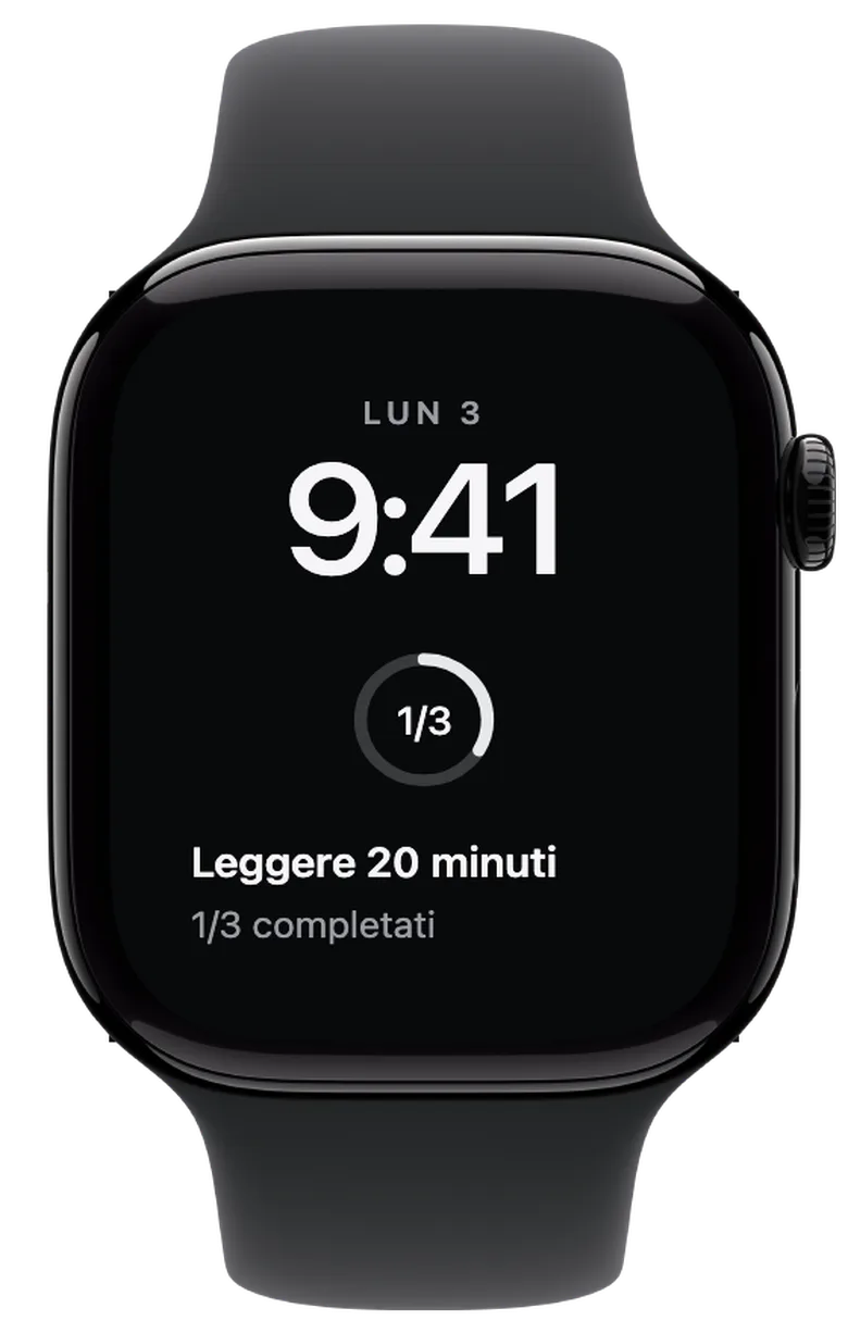 Complicazioni per Apple Watch: Un obiettivo fatto, due da fare. Con più sfide, l’anello mostra i progressi di oggi. In questo esempio hai spuntato uno dei tre obiettivi.